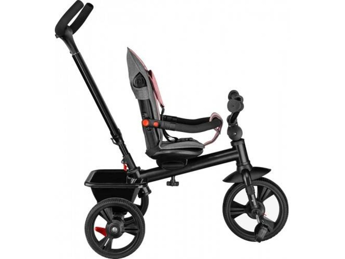 Triciclo infantil preto com assento cinzento e rosa e rodas de plástico