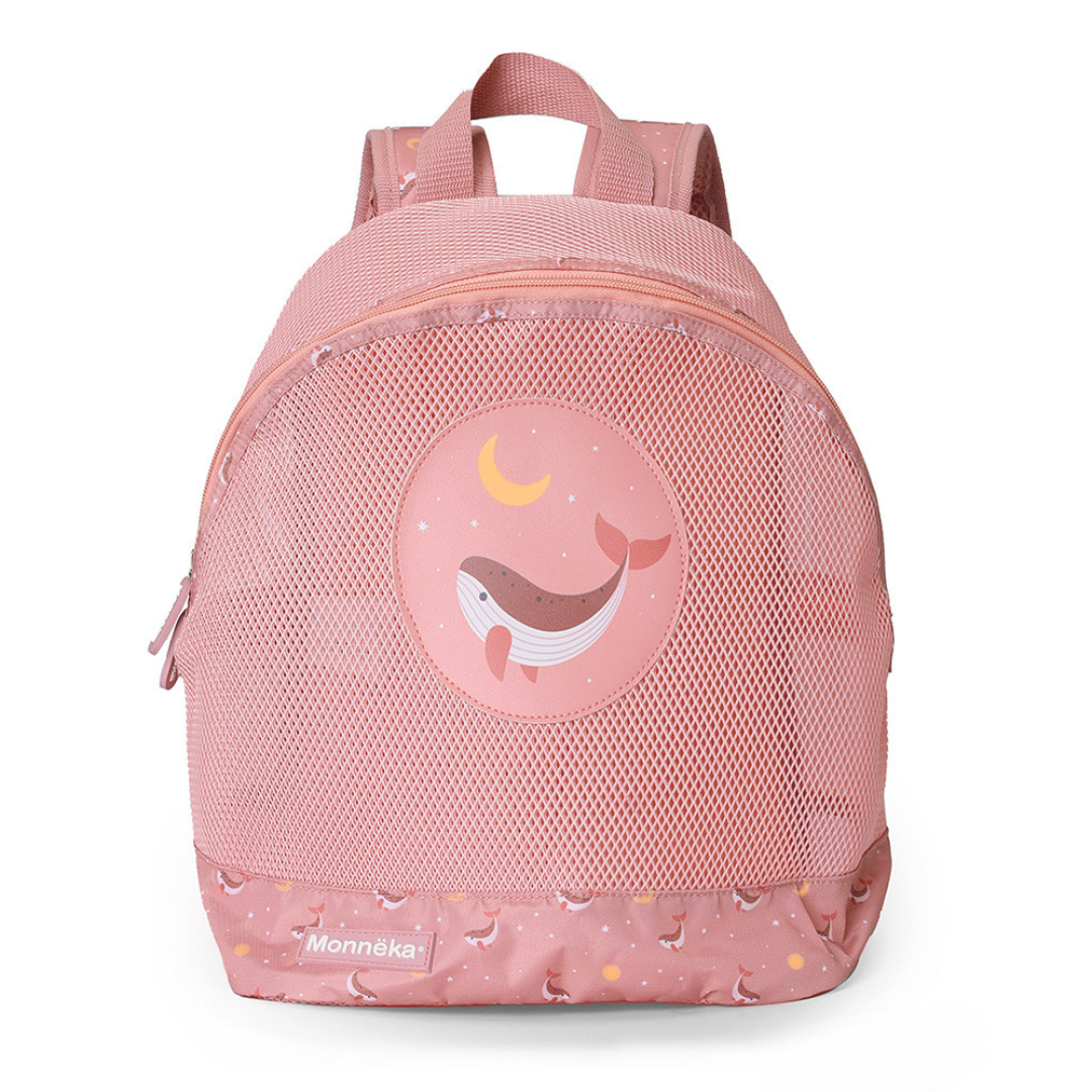 Mochila rosa com padrão e bolso rede