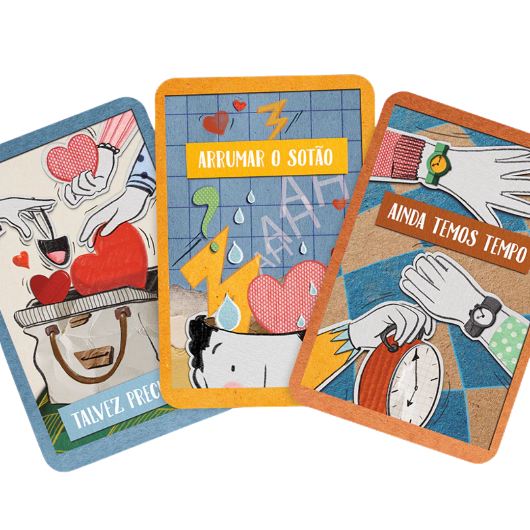 Cartas ilustradas coloridas com textos em português e imagens de corações, relógios e mãos