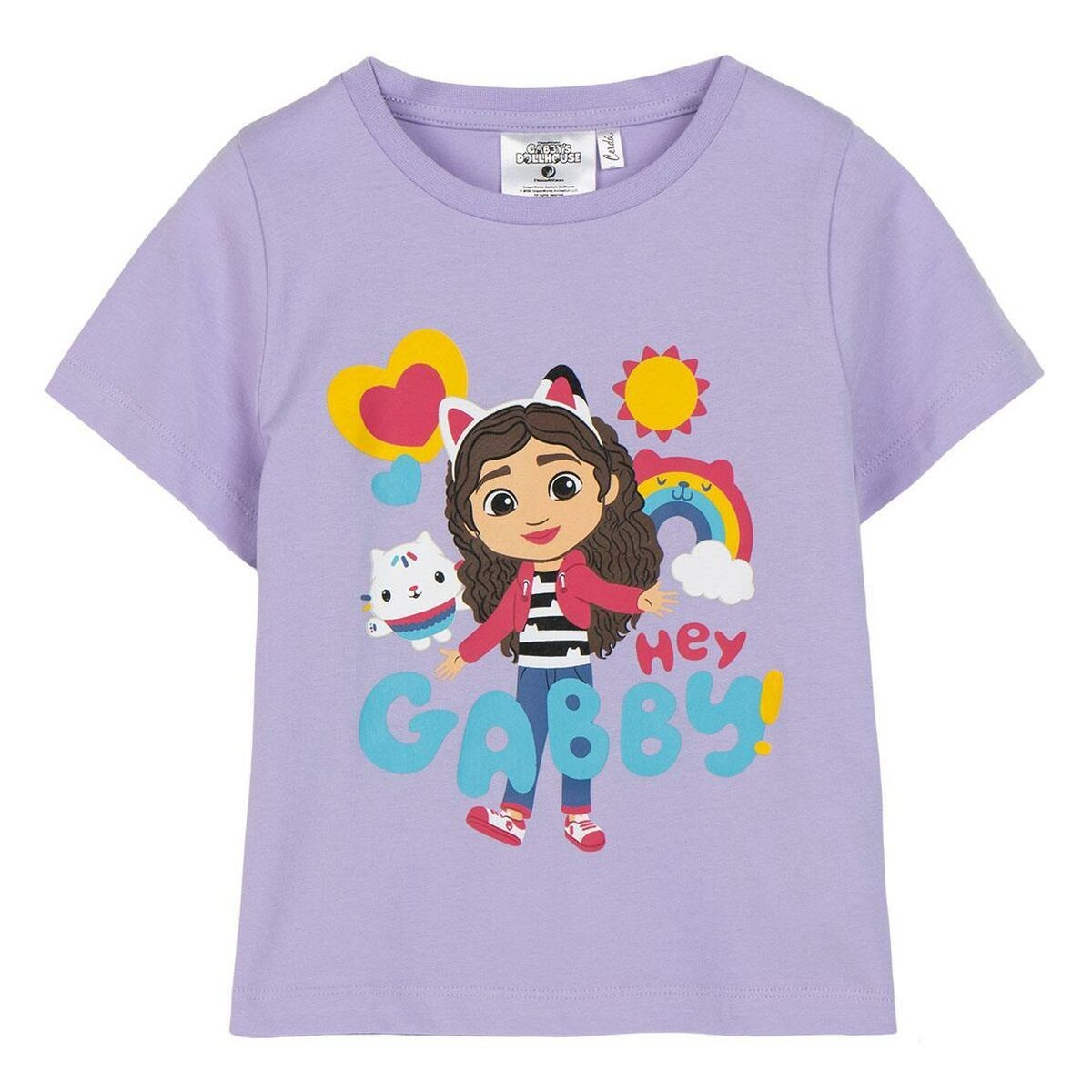 T-shirt infantil lilás com estampa colorida da personagem Hey Gabby