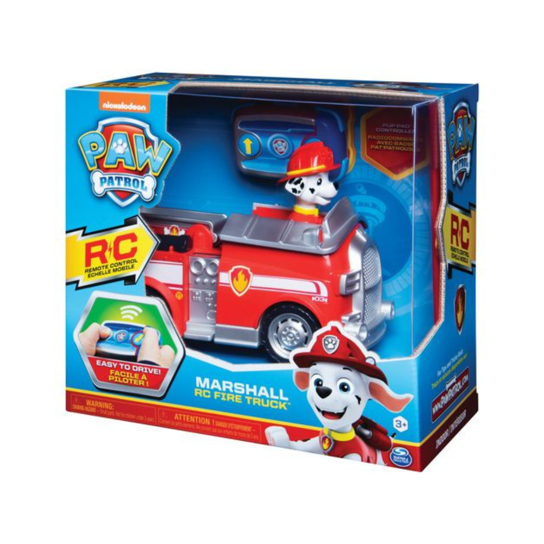 Brinquedo Marshal RC Fire Truck Paw Patrol em caixa azul com carrinho de bombeiro vermelho e personagem cão