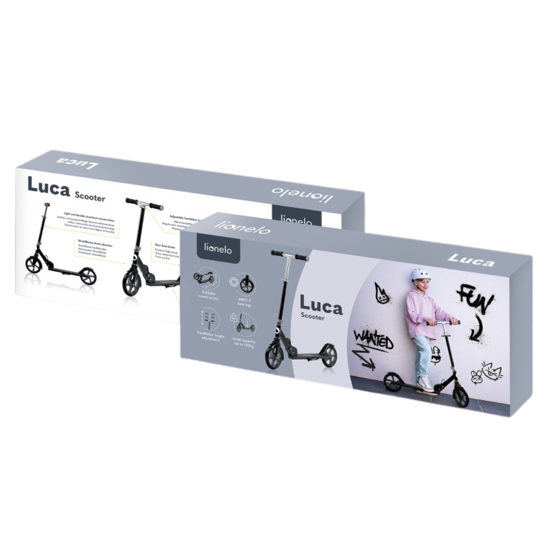 Embalagens do trotinetes infantis Luca Scooter Lionelo com criança e trotinete preto