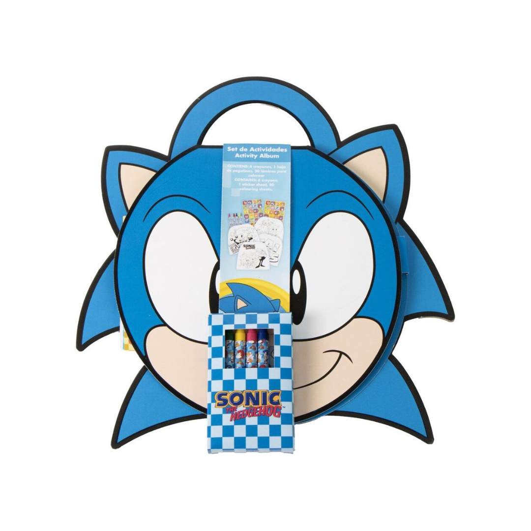 Conjunto de atividades Sonic the Hedgehog com lápis coloridos e álbum com capa da cara do Sonic azul