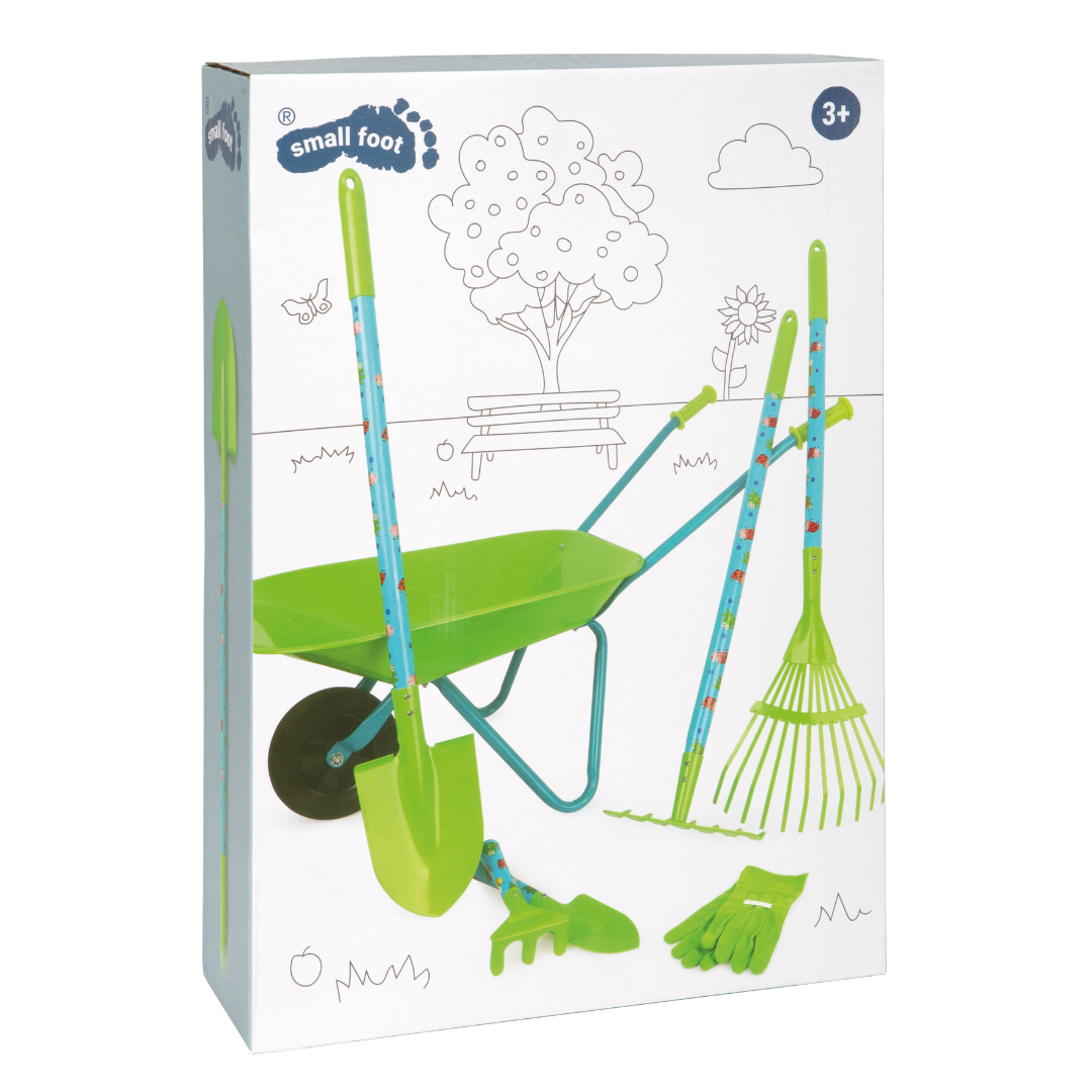 Conjunto de ferramentas de jardinagem infantil em caixa branca com texto SMALL FOOT e 3+