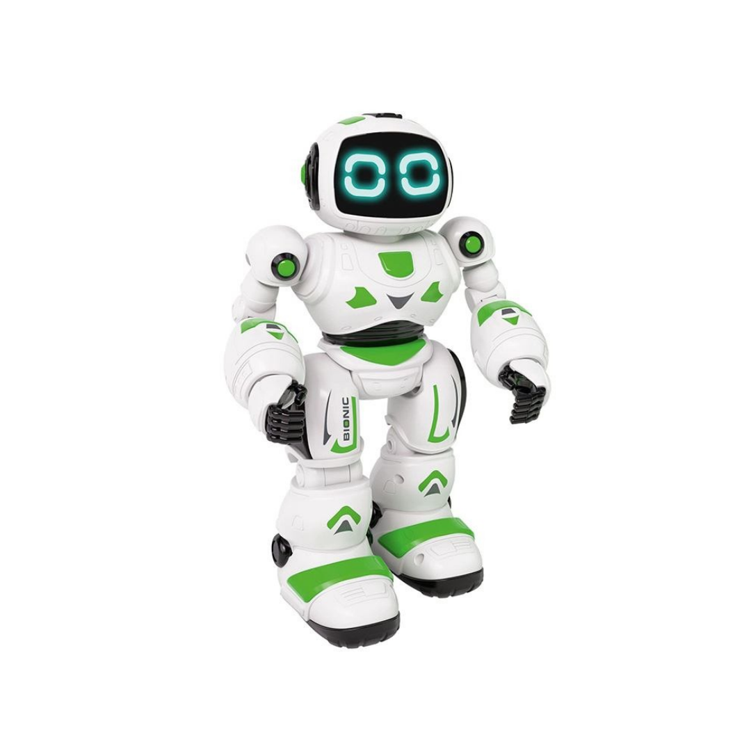 Robô de brinquedo branco e verde com olhos azuis luminosos e texto BIONIC na perna