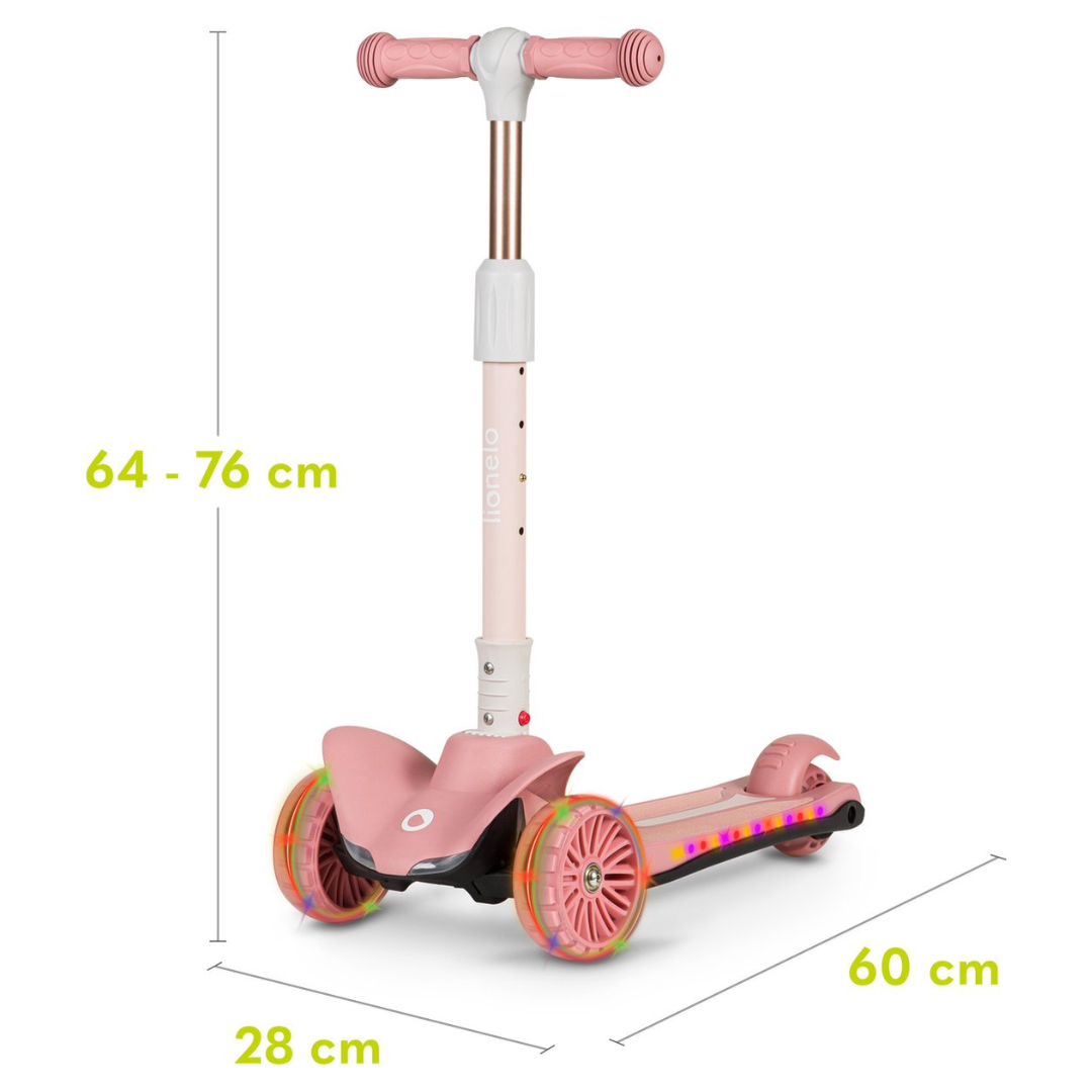 Scooter infantil rosa com rodas e luzes coloridas e guidão ajustável.