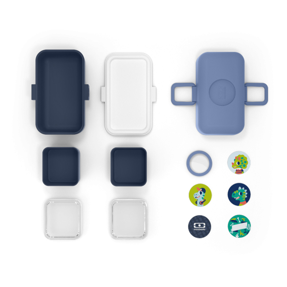 Conjunto de recipientes coloridos com tampas e ilustrações de dinossauros