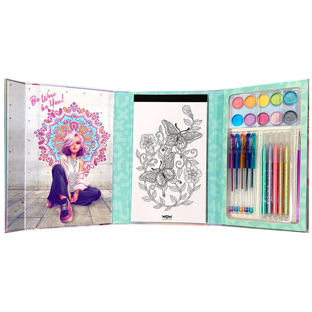 Conjunto de arte com livro de colorir, paleta de tintas, canetas e lápis de cor glitter