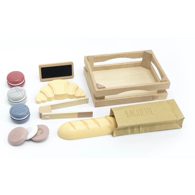 Conjunto de brinquedo em madeira com pães, saco baguete, caixa e tábua, sinais e pinças