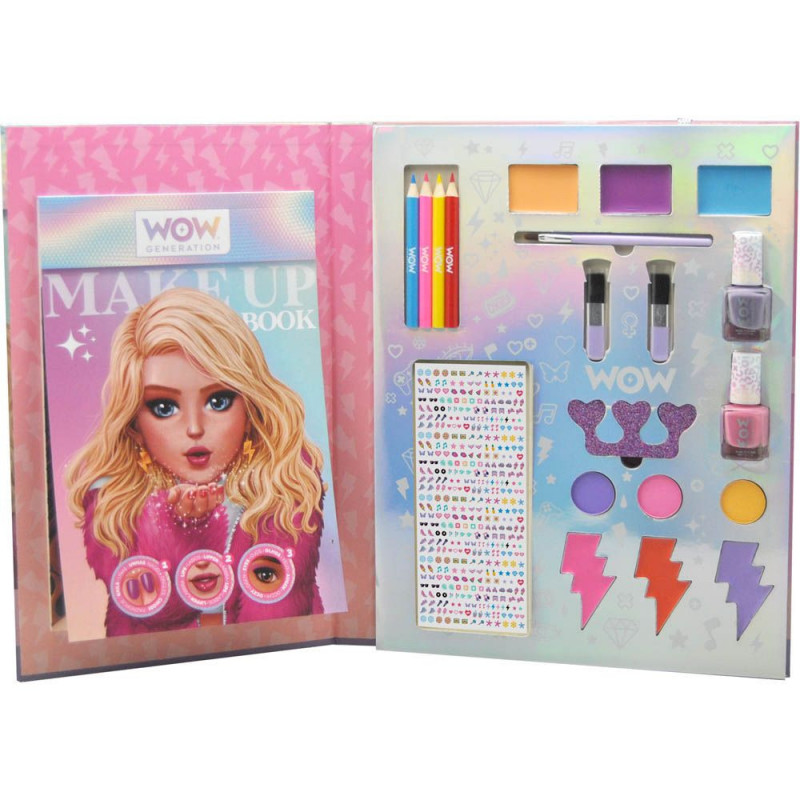 Kit de maquilhagem infantil WOW com lápis, sombras, vernizes, adesivos e livro