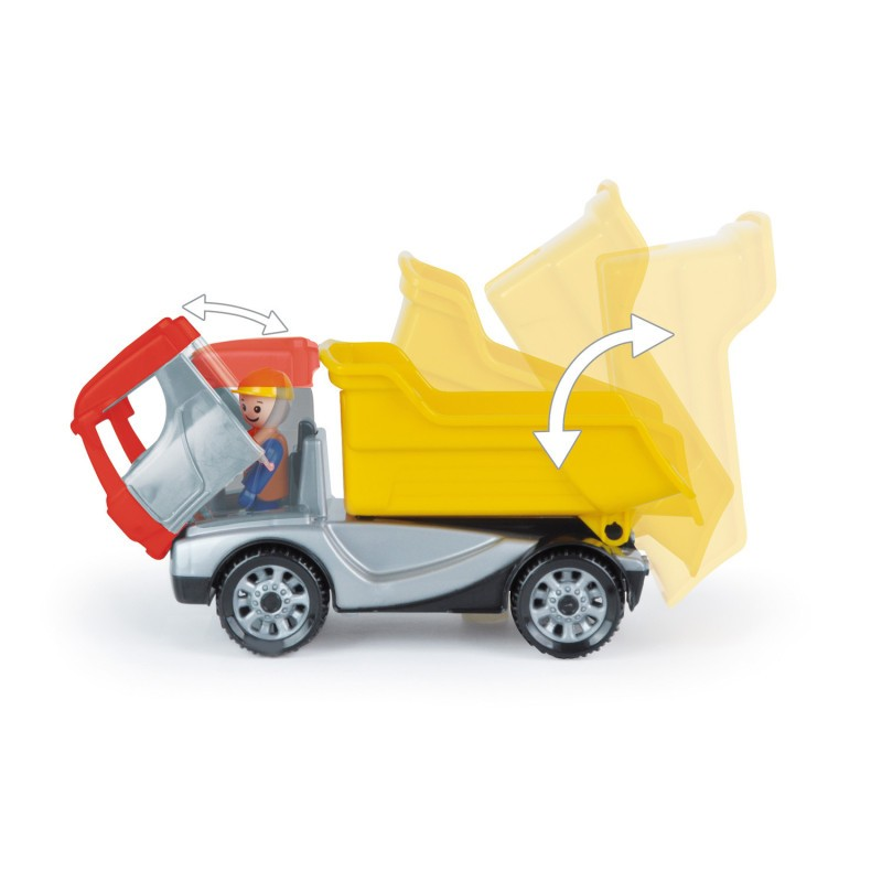 Camião de brinquedo basculante amarelo com cabina vermelha e figura humana.