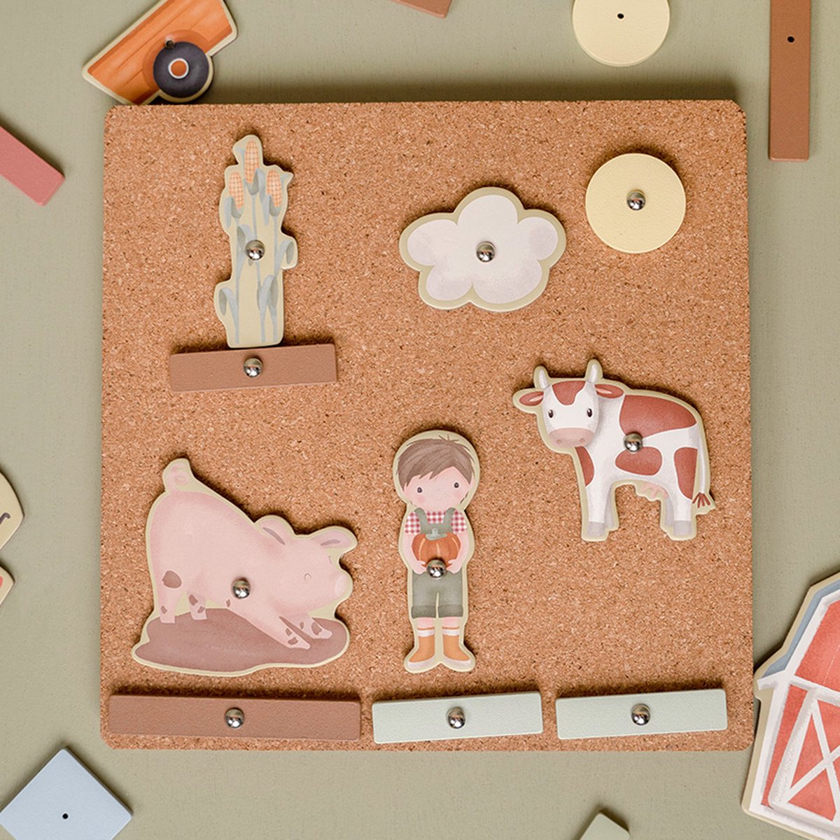 Quadro de cortiça com figuras magnéticas de fazenda em madeira colorida