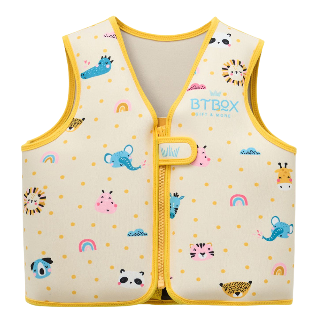 Colete infantil amarelo claro com estampado colorido de animais e arco-íris