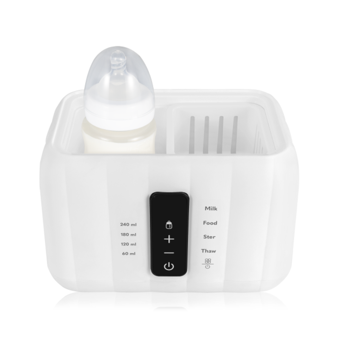 Aquecedor elétrico branco para biberões com controlo digital e biberão dentro