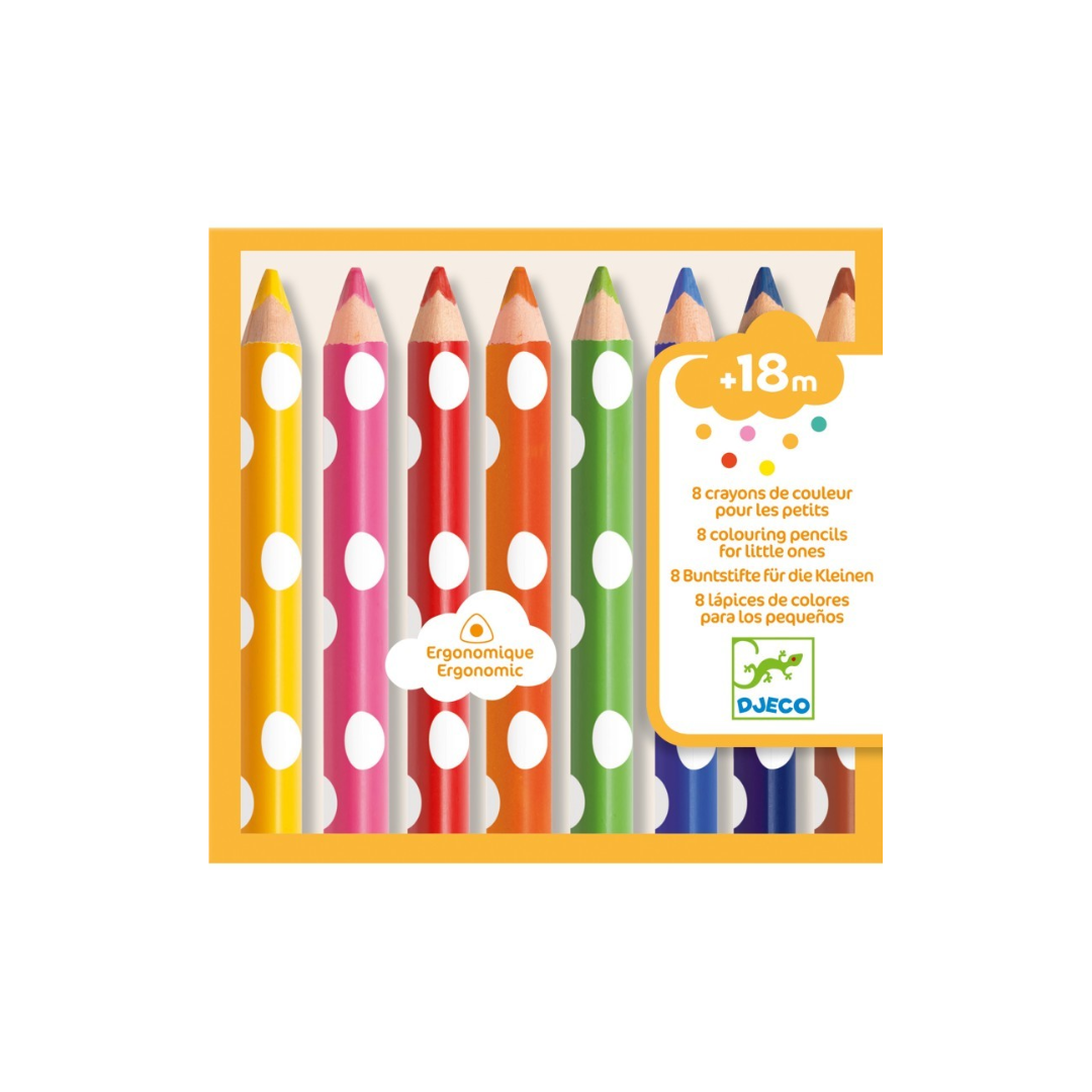 Caixa de lápis de cor ergonómicos para crianças, 8 cores, corpo com bolinhas brancas.