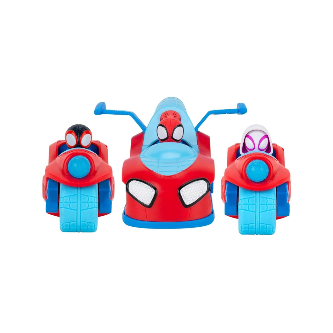 Três motos de brinquedo vermelhas e azuis com figuras de Spider-Man