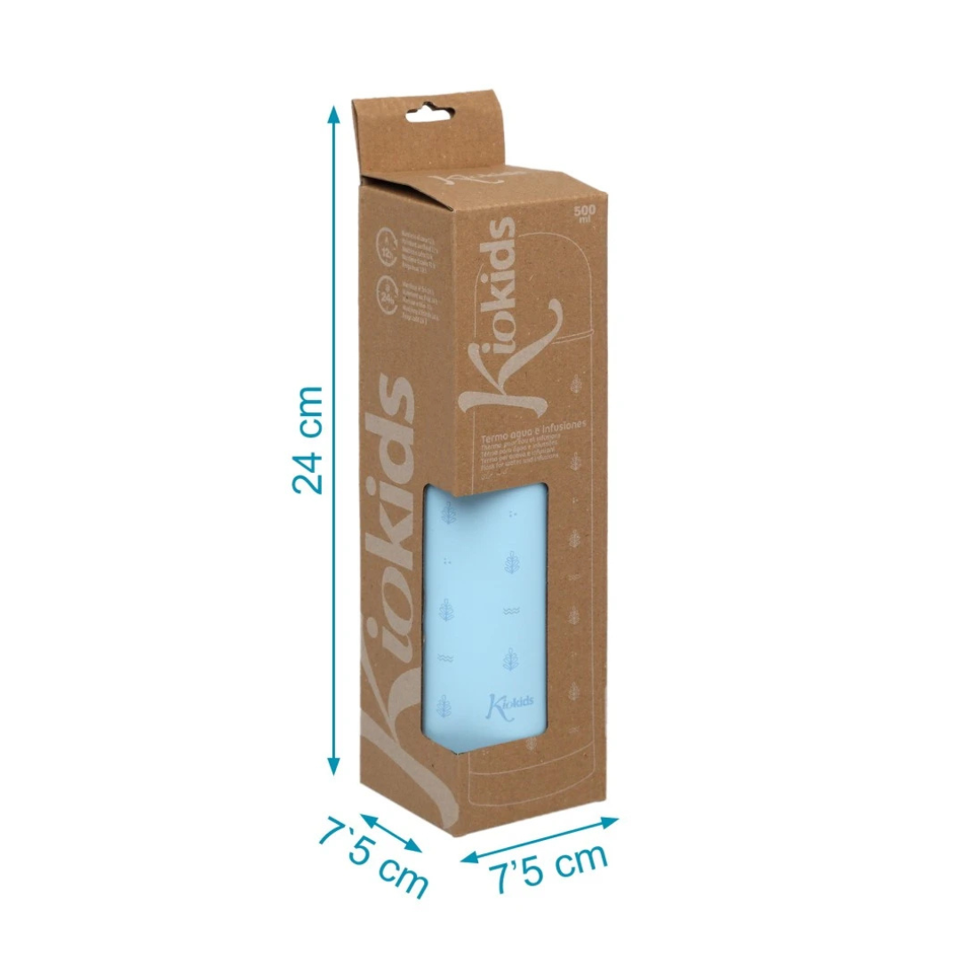 Termo Kiokids azul em embalagem de cartão castanho