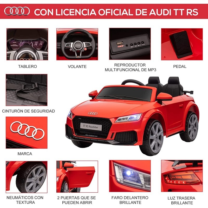Carro elétrico infantil Audi TT RS vermelho com volante, painel, pedal, cinto, pneus, portas, farol e luz traseira