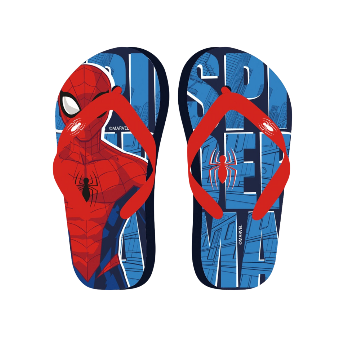 Chinelos de dedo infantis Homem-Aranha azul e vermelho com estampa do personagem