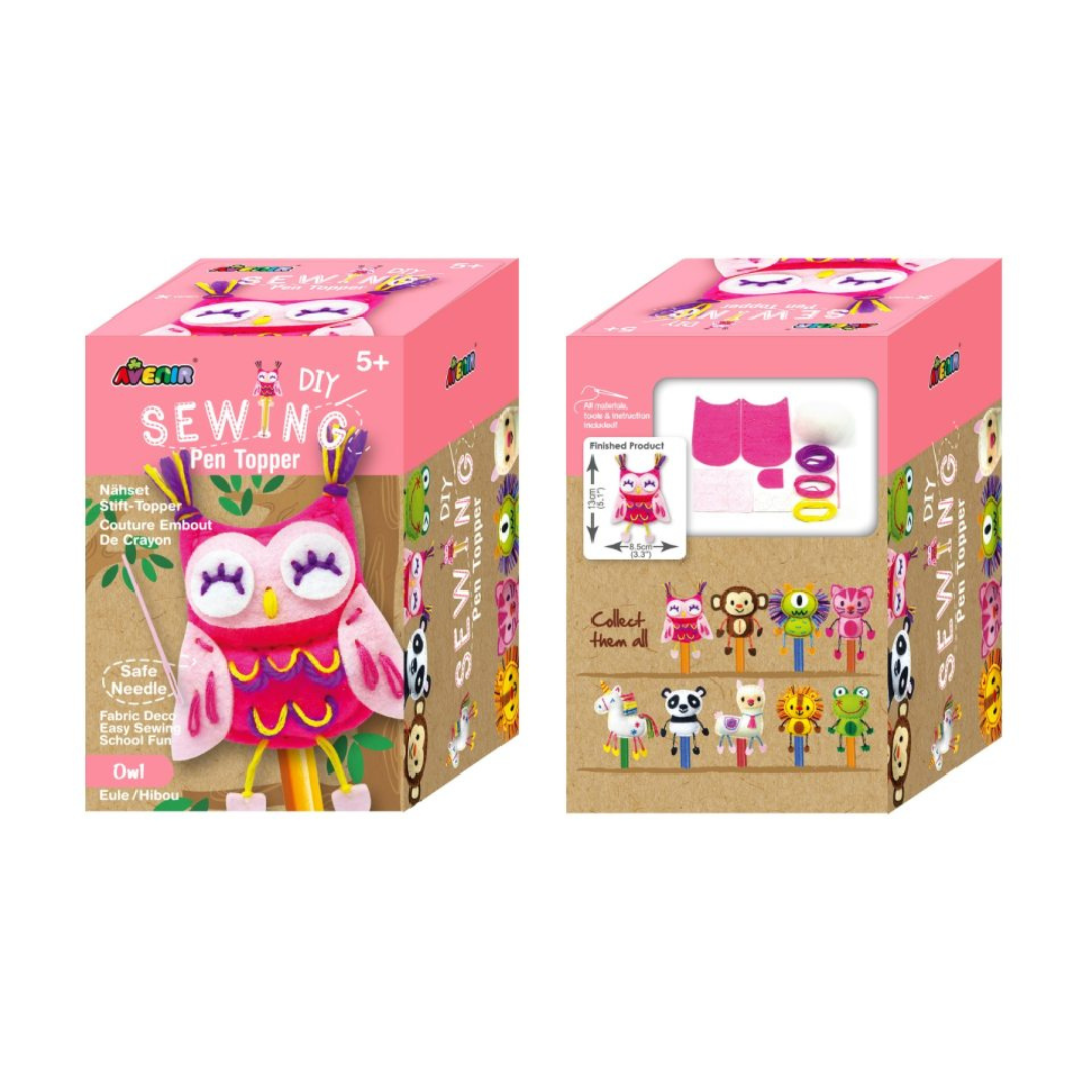 Caixa de kit DIY para costura de topper de caneta coruja rosa em feltro.