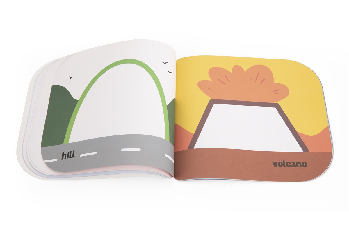 Livro infantil ilustrado com as palavras 'hill' e 'volcano'