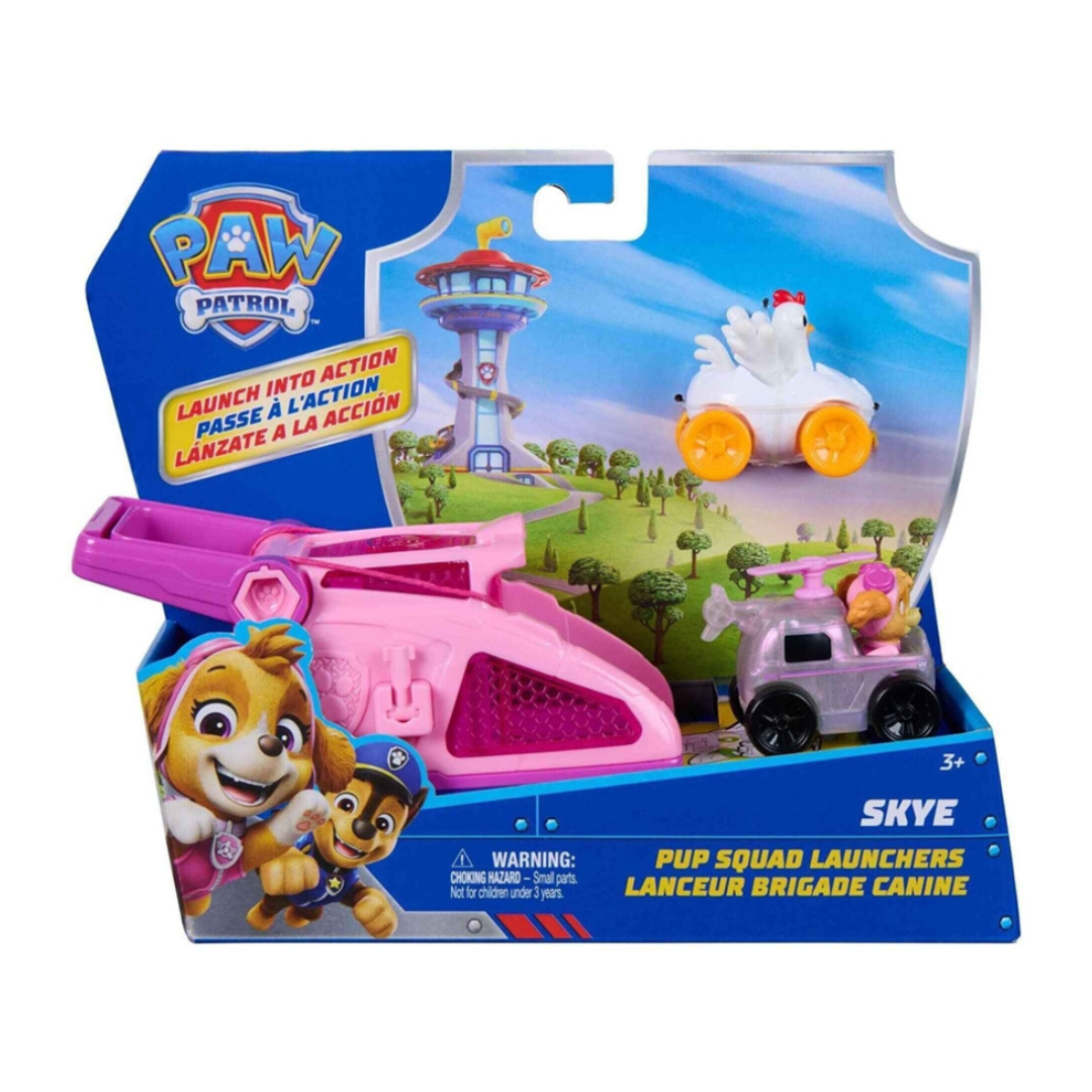 Brinquedo Paw Patrol Skye com lançador e carrinhos em caixa azul e amarelo