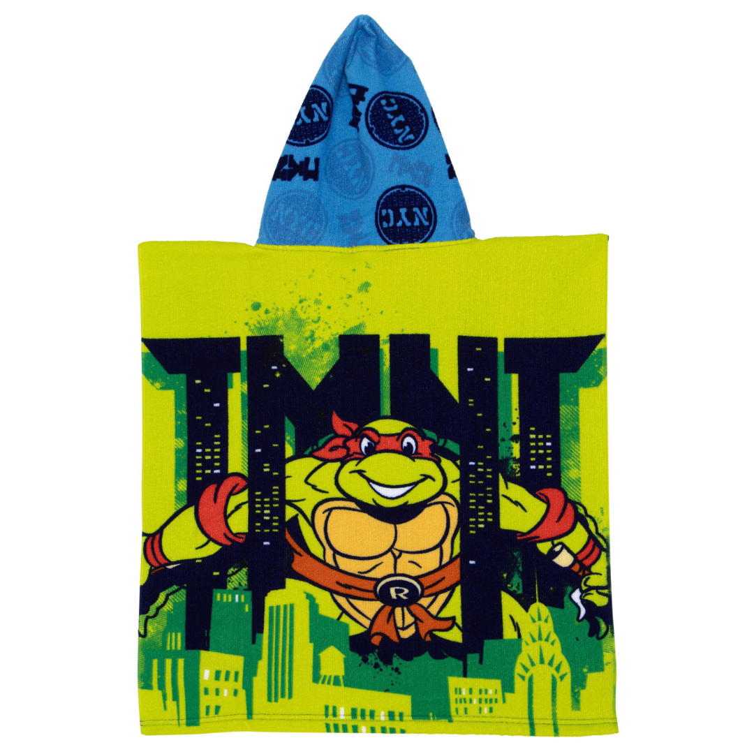 Pano de banho com capuz TMNT amarelo e azul com personagem Tartaruga Ninja.