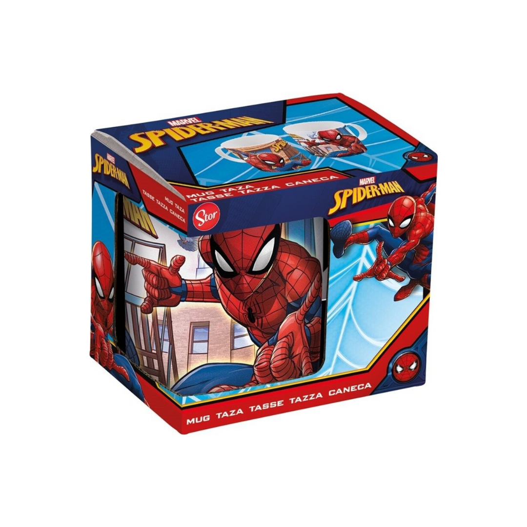 Caixa de embalagem com caneca temática do Spiderman em cores azul, vermelho e amarelo