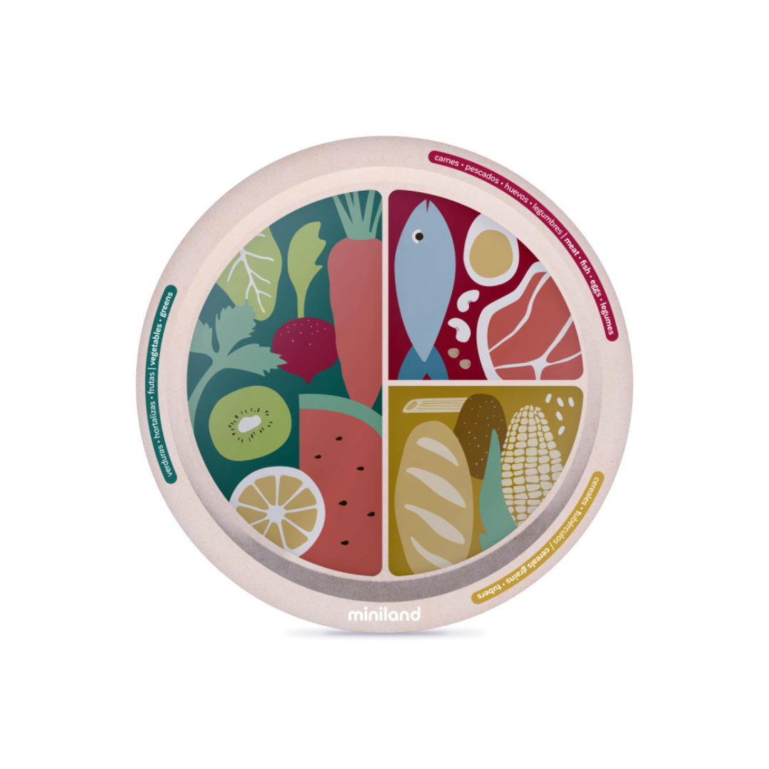 Prato dividido em secções com desenhos de alimentos e texto nas bordas azul, vermelho e amarelo.