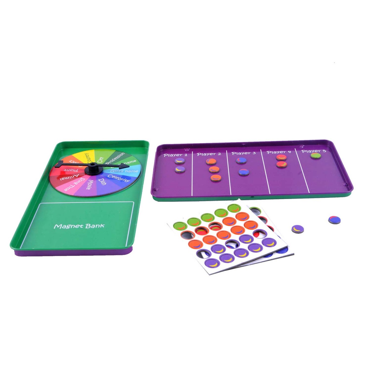 Jogo de tabuleiro com disco giratório colorido e peças magnéticas em tabuleiros verde e roxo