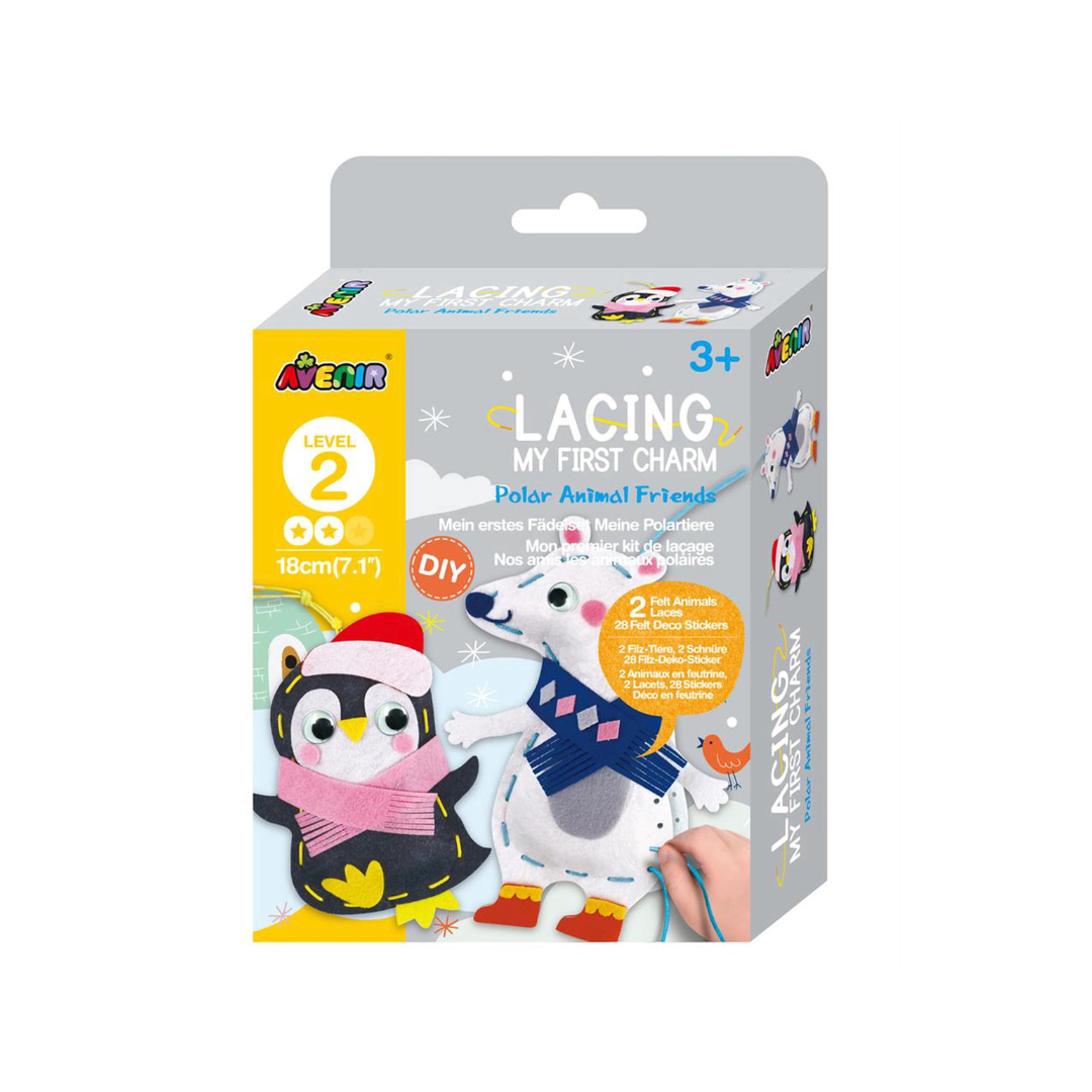 Caixa colorida de brinquedo manual com pinguim e urso polar em feltro e atacadores.