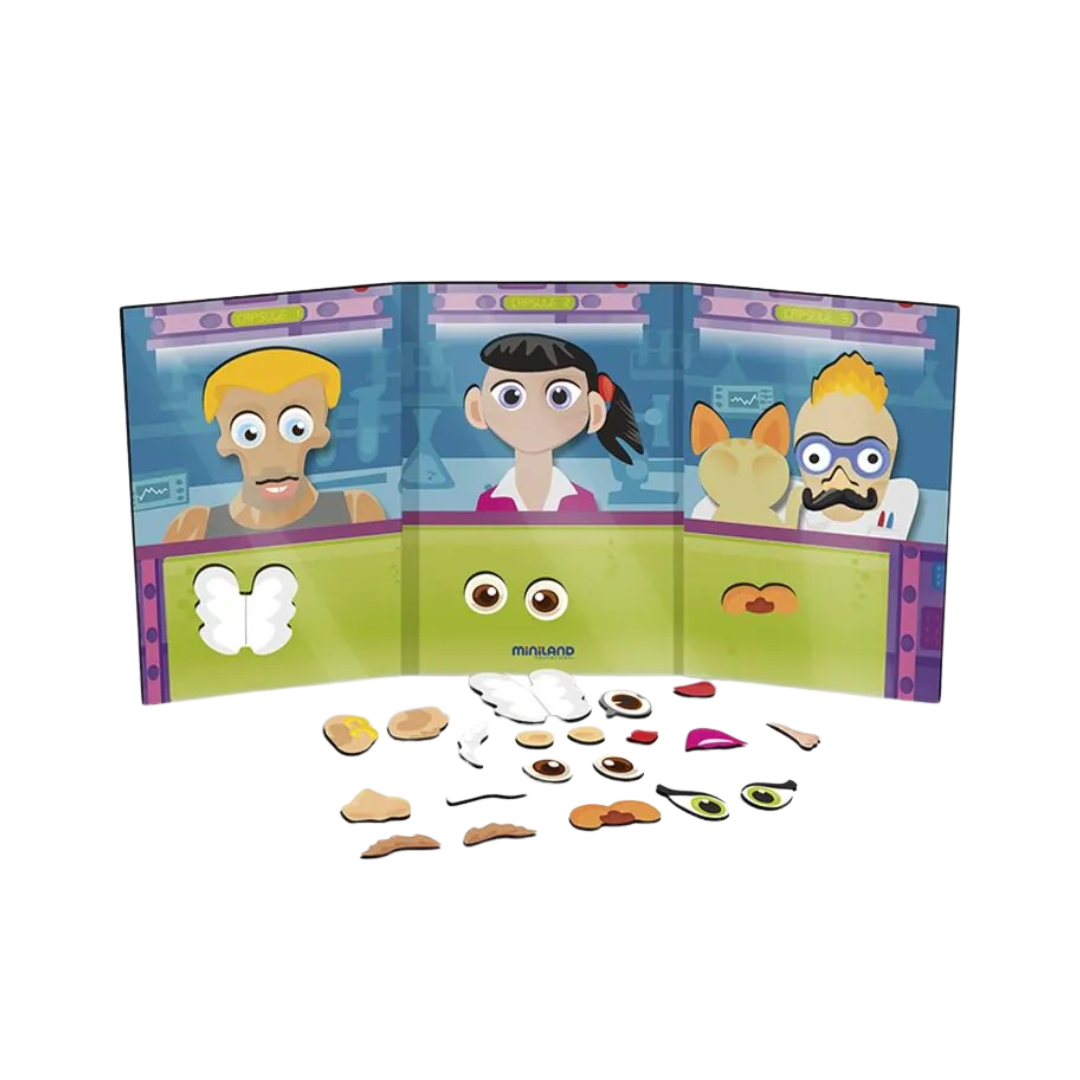 Brinquedo magnético com três painéis e peças para criar diferentes rostos