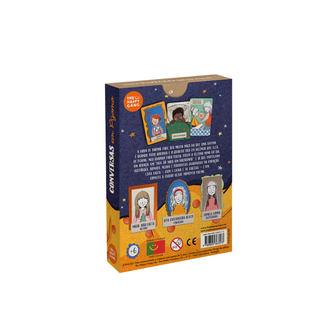 Caixa do produto 'Conversas em Pijama' com texto e ilustrações coloridas.