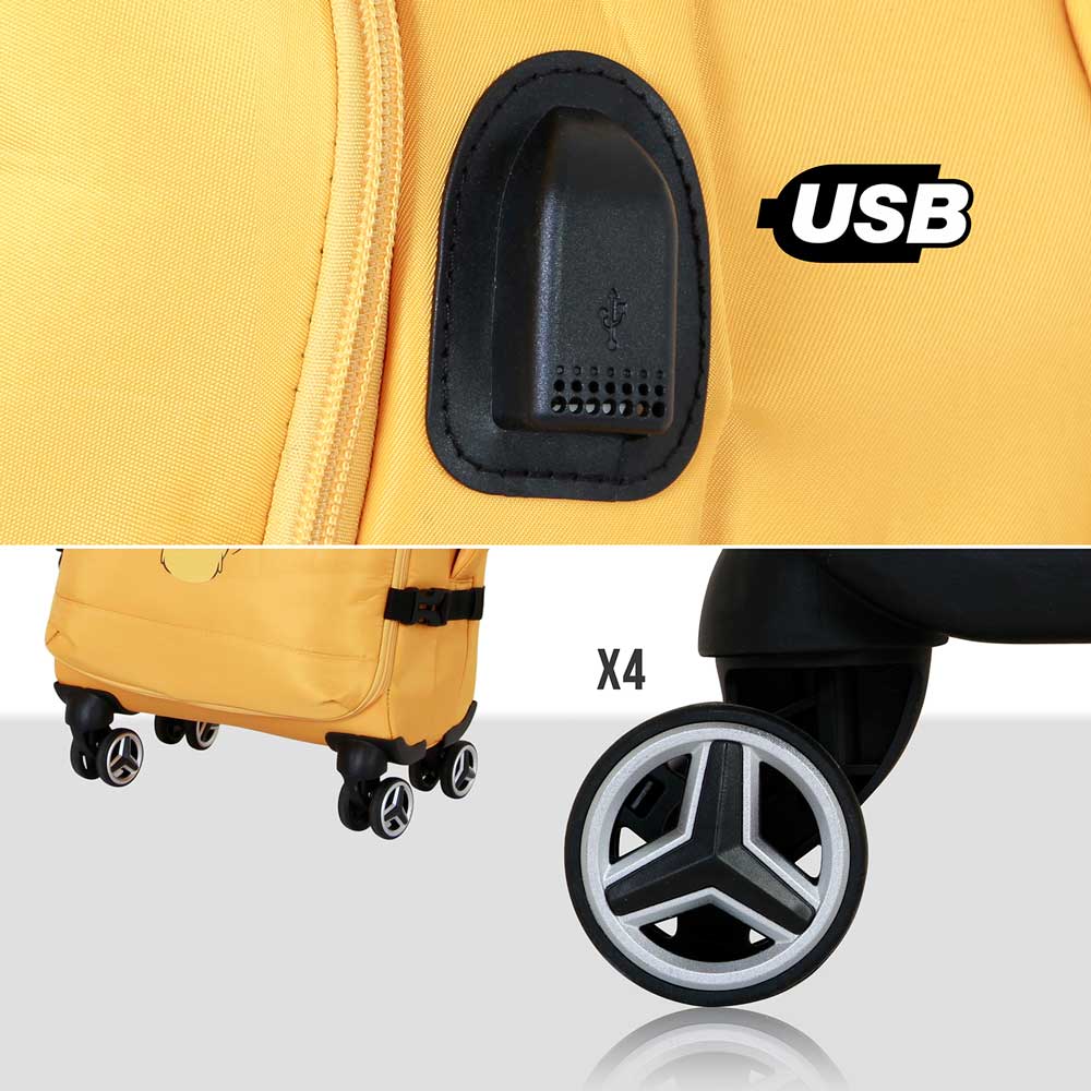 Mala de viagem amarela com porta USB e quatro rodas giratórias