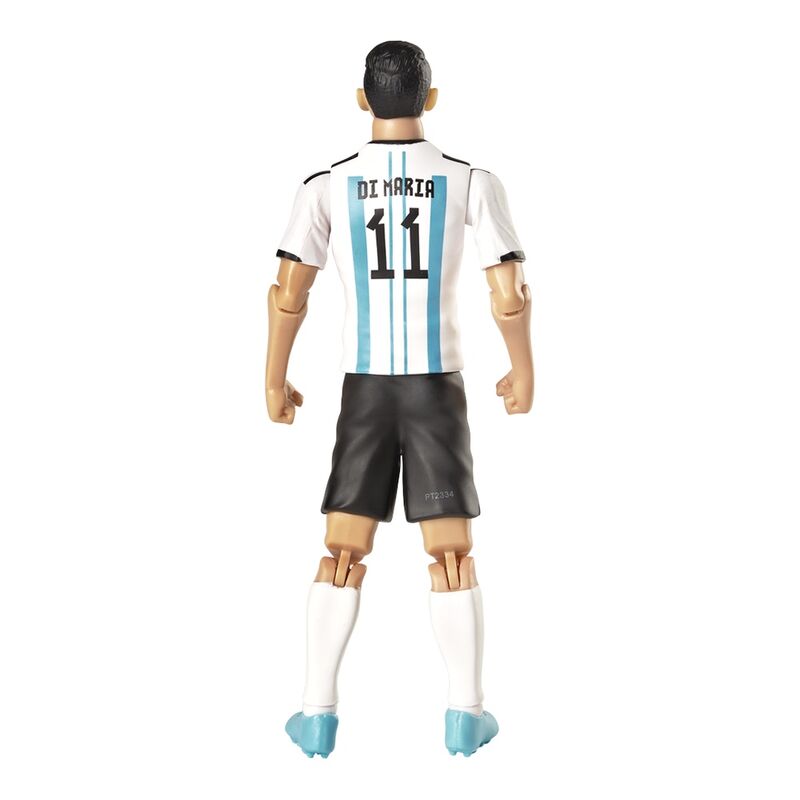 Boneco articulado de jogador de futebol com camisa branca e azul clara e o nome DI MARIA nas costas
