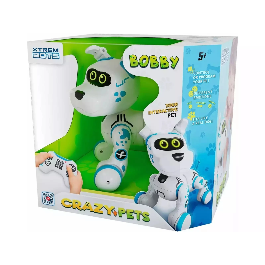 Brinquedo robótico interativo cão branco com detalhes azuis em embalagem colorida