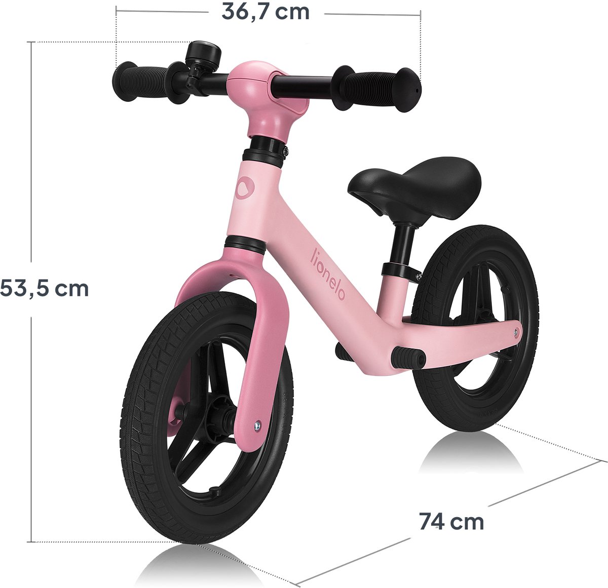 Bicicleta infantil de equilíbrio rosa com rodas e guiador pretos.