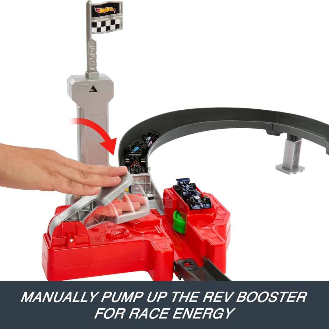 Brinquedo Hot Wheels com pista e carros de corrida, estruturas vermelha e cinzenta