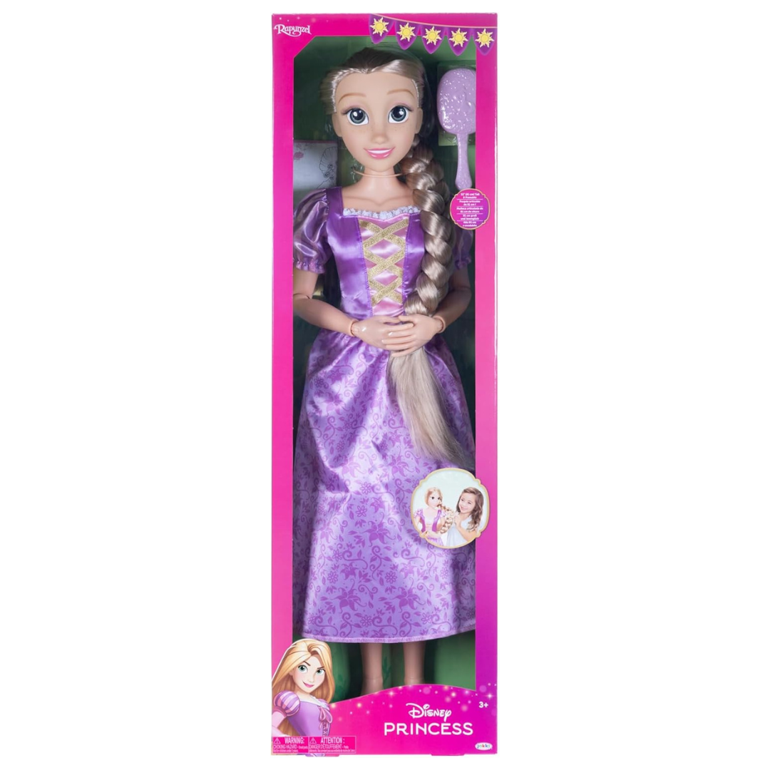 Boneca Disney Princess com vestido roxo em caixa cor-de-rosa