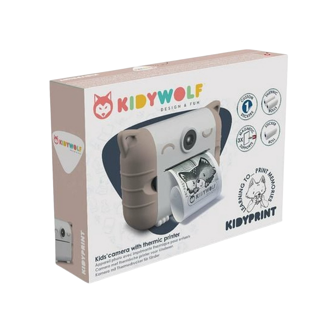 Embalagem de produto KIDYWOLF KIDYPRINT, máquina fotográfica infantil com impressora térmica integrada.