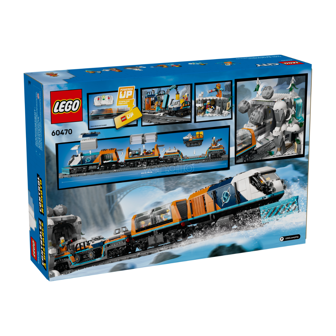 Embalagem LEGO 60470 com conjunto de comboio de exploração arctic colorido e acessórios.