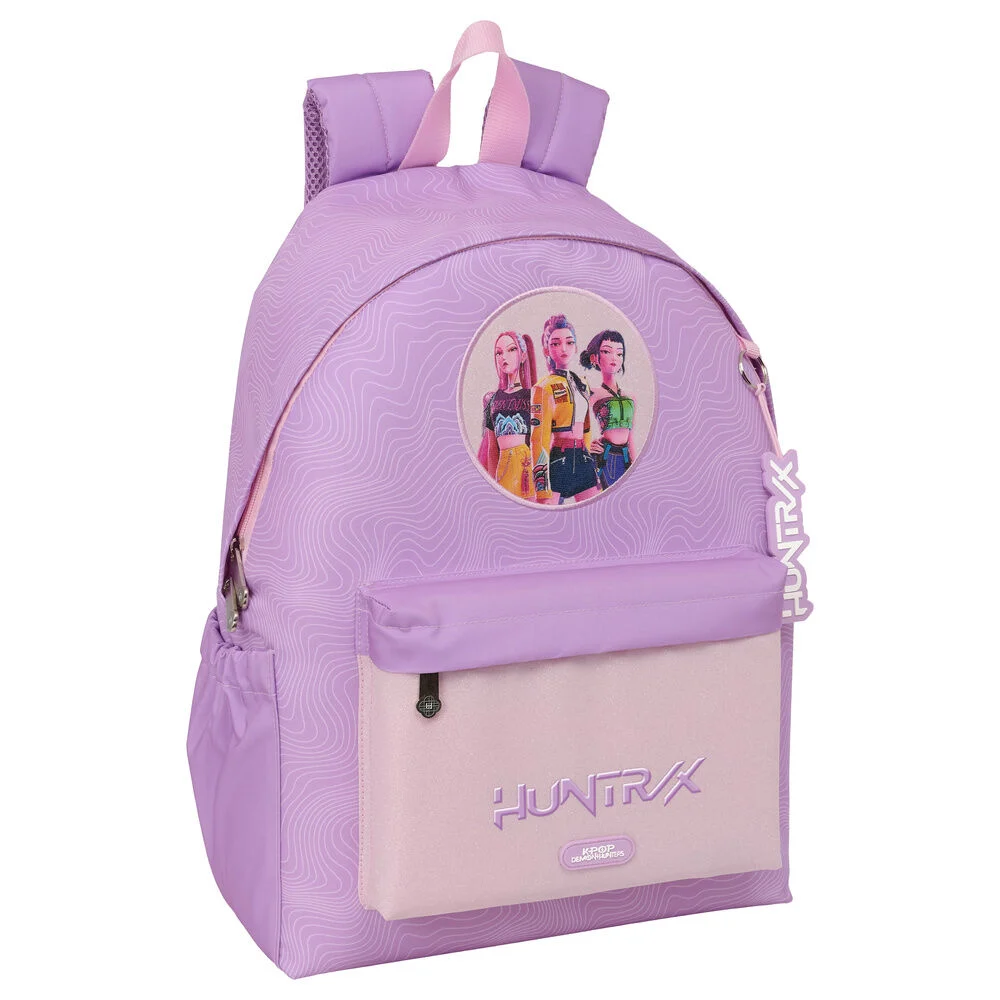 Mochila rosa e lilás com bolsos e personagem desenhada