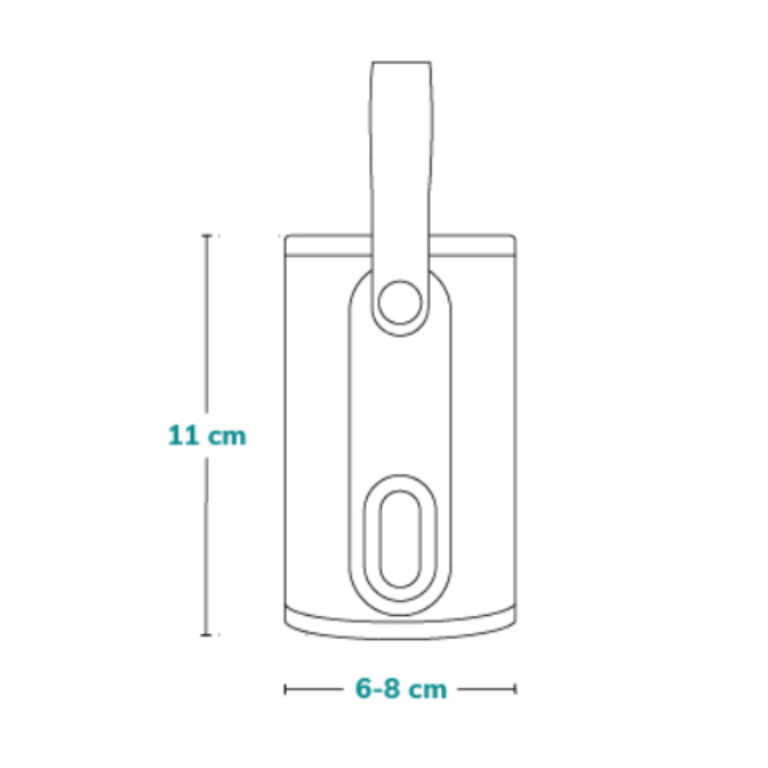 Desenho técnico de dispositivo retangular com alça e medidas 11 cm altura por 6-8 cm largura