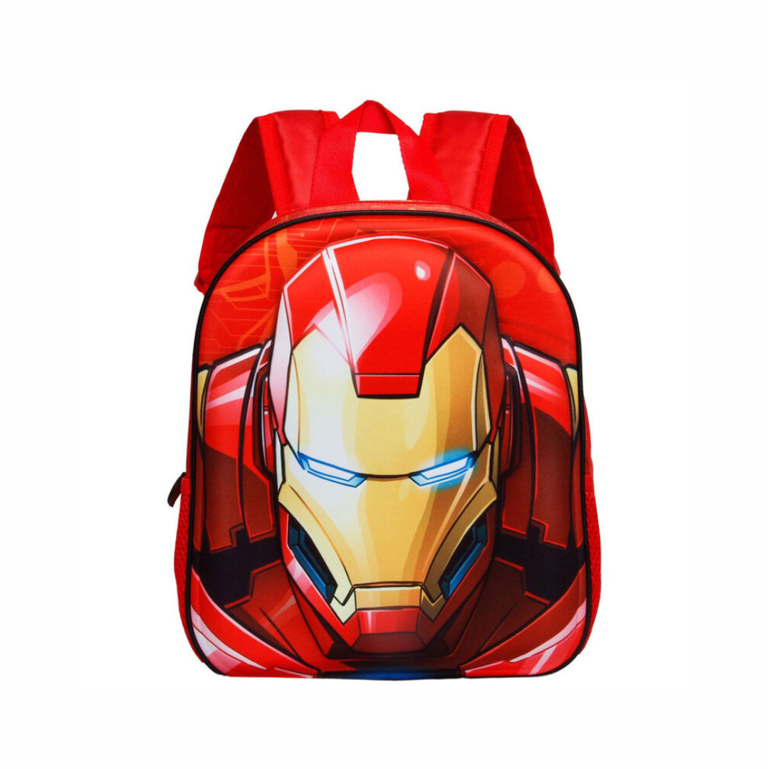 Mochila vermelha com estampa da máscara do Homem de Ferro em destaque