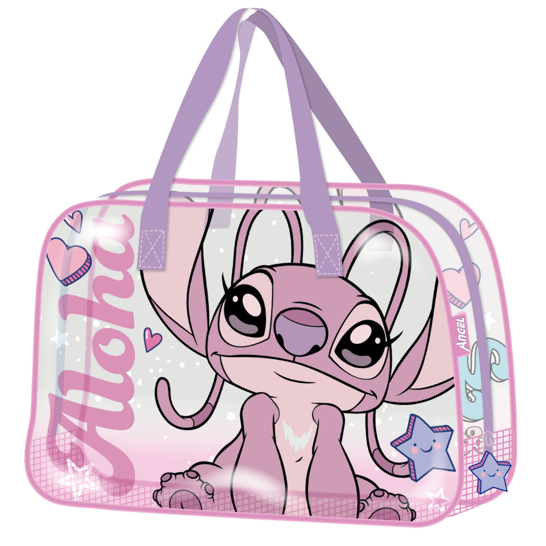 Mala transparente com personagem cor-de-rosa e texto Aloha e Angel