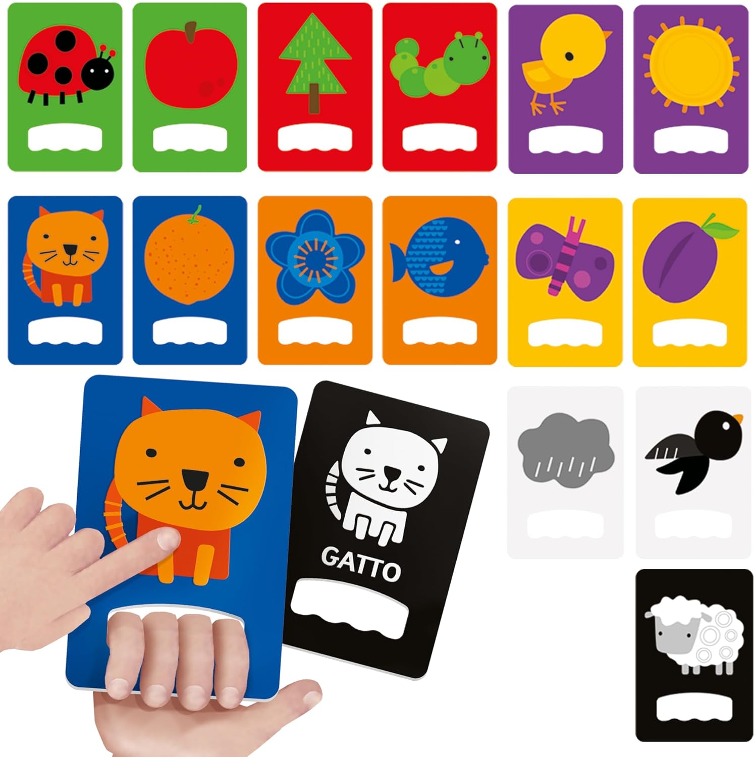Cartas coloridas para crianças com imagens de animais e objetos
