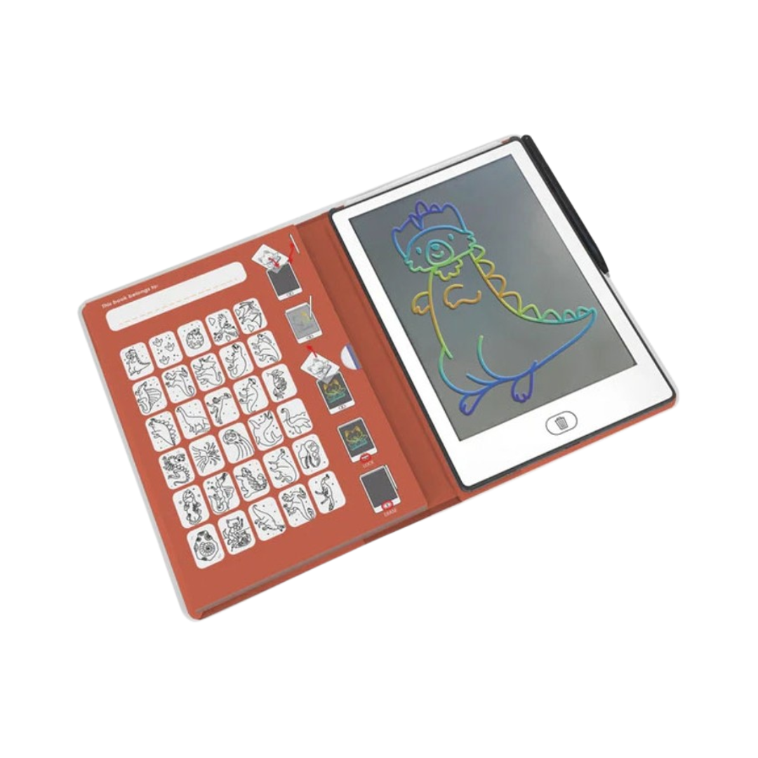 Tablet de desenho com capa castanha e desenho colorido de dinossauro no ecrã
