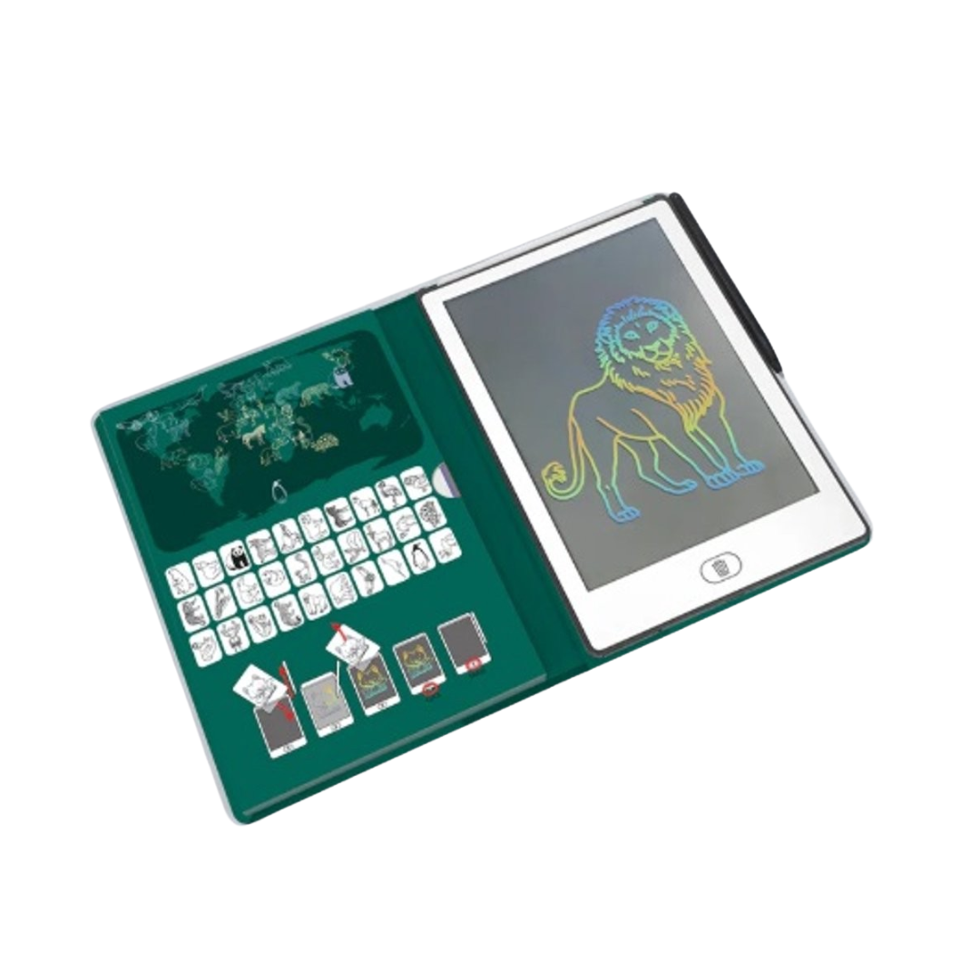 Brinquedo educativo tipo livro eletrônico com teclado e imagens coloridas