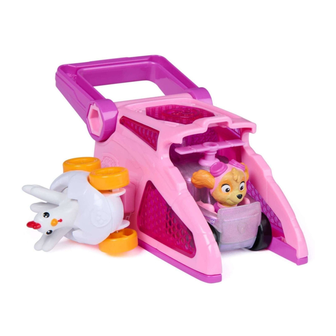 Brinquedo rosa e lilás com figura canina e objeto de galinha branca