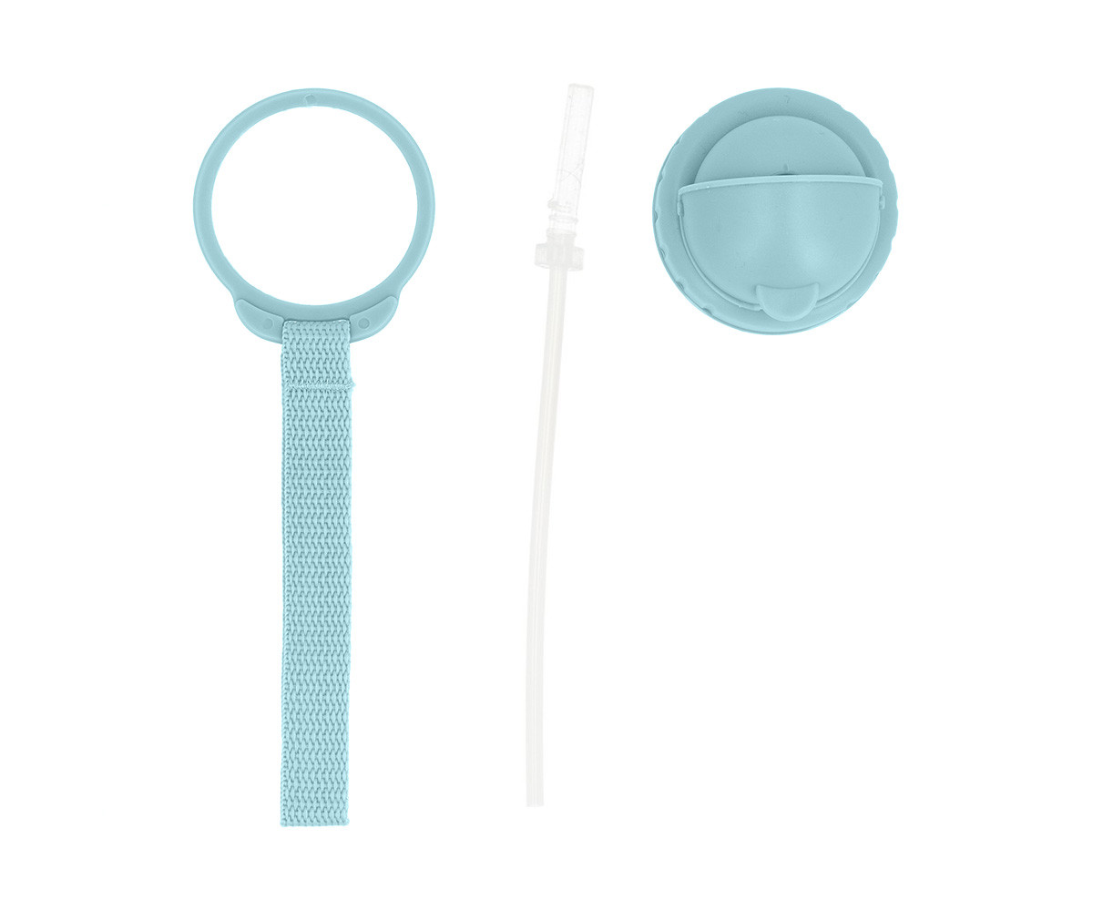 Conjunto de acessórios em silicone azul bebé para garrafa ou copo.